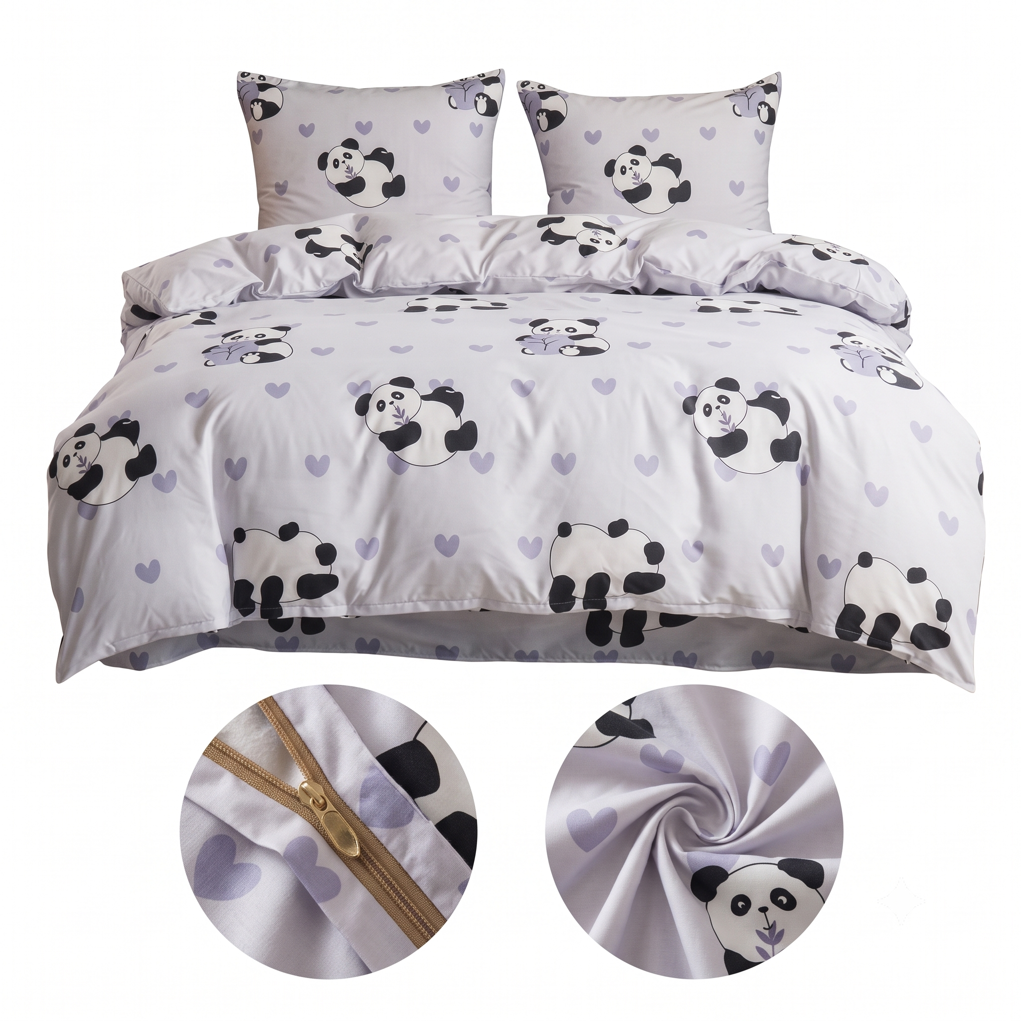 Komplet Pościeli Dwuosobowej Panda 140x200 z 2 Poszewkami 70x80