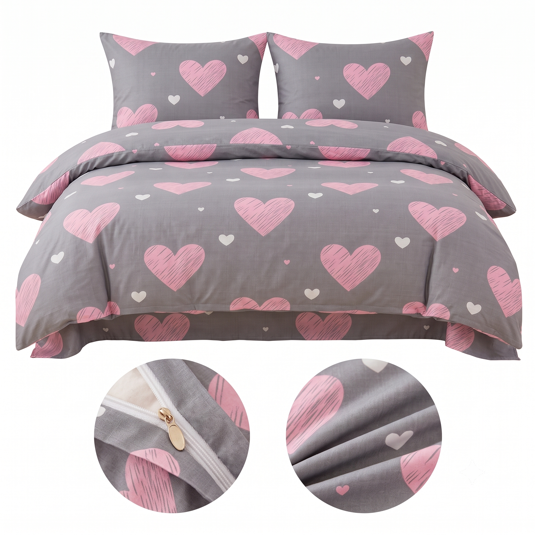 Pościel 160x200 + 2 70x80 poduszki - Komplet Szara z Serduszkami  Pink Heart